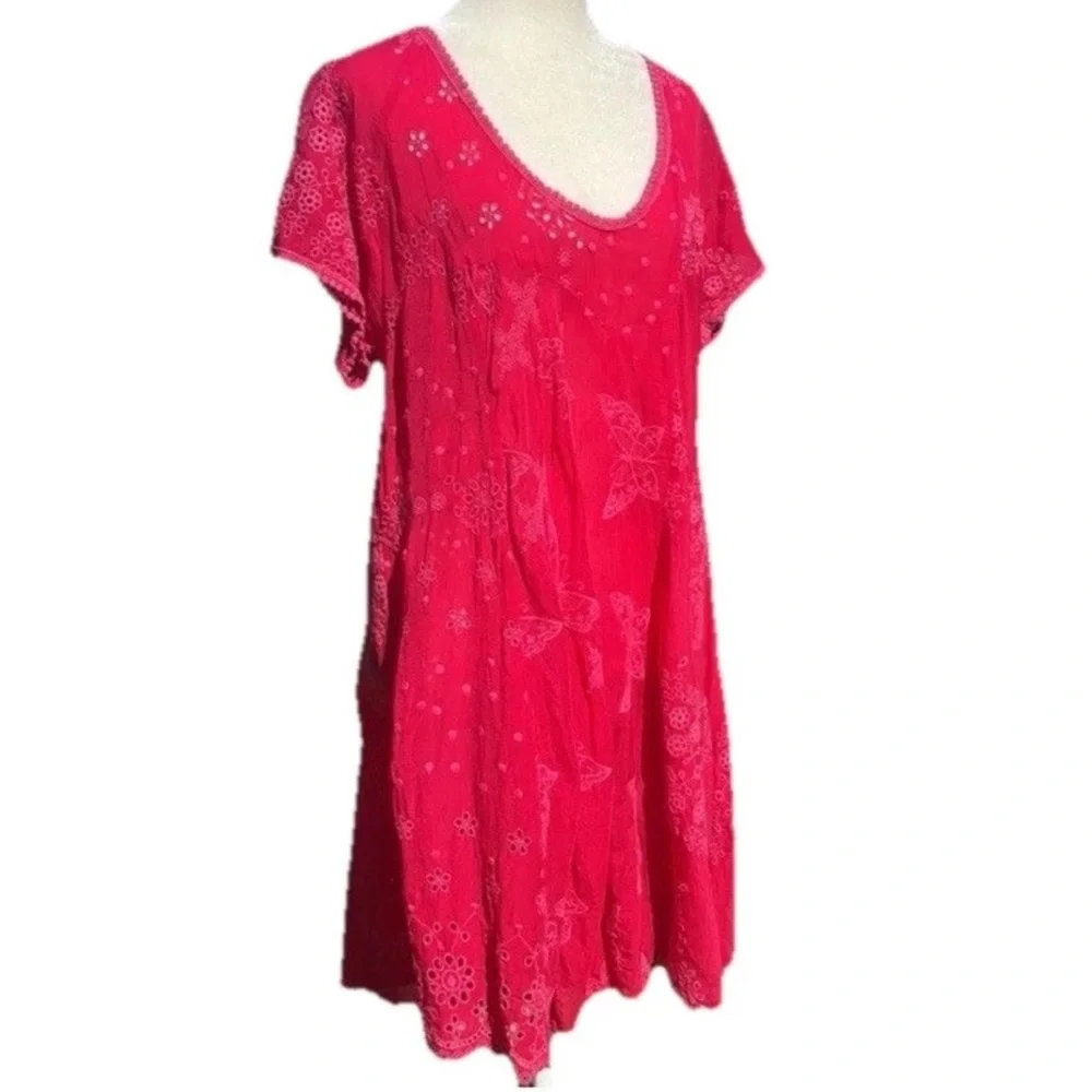 John Was Embroidered Butterfly Fuchsia PinkEyelet Short Sleeve Tunic Top Dress - Picture 3 of 10